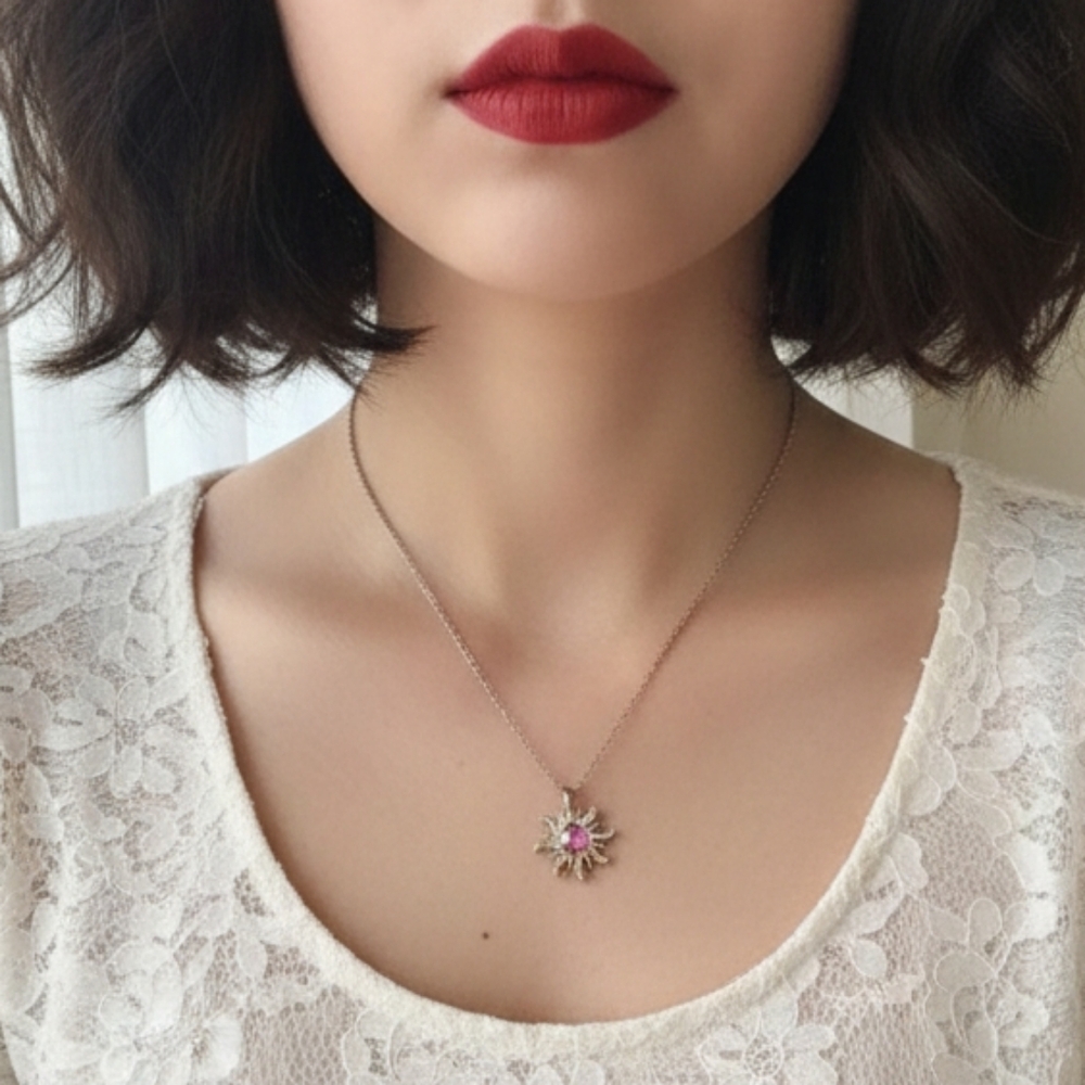 Gold Sun Pendant Necklace with Pink Opal Stainless Steel